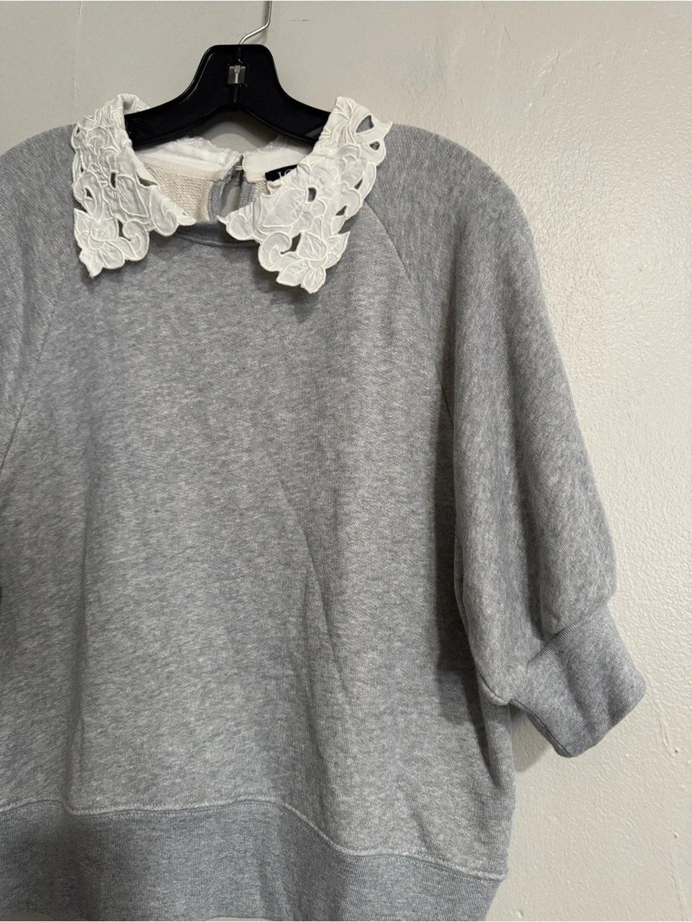 J. Crew Light Gray Puff-Sleeve Sweatshirt with White Floral Collar